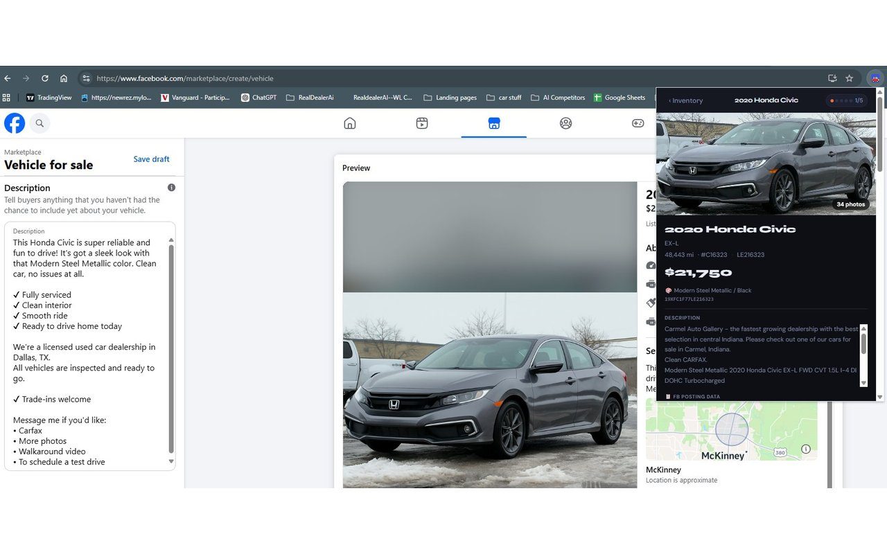 AI generated Facebook Marketplace vehicle description for a Honda Civic listing